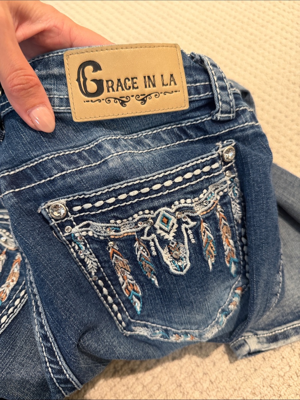 Grace in LA feather embroidery jeans embellished rhinestone size 25 western - Picture 3 of 8